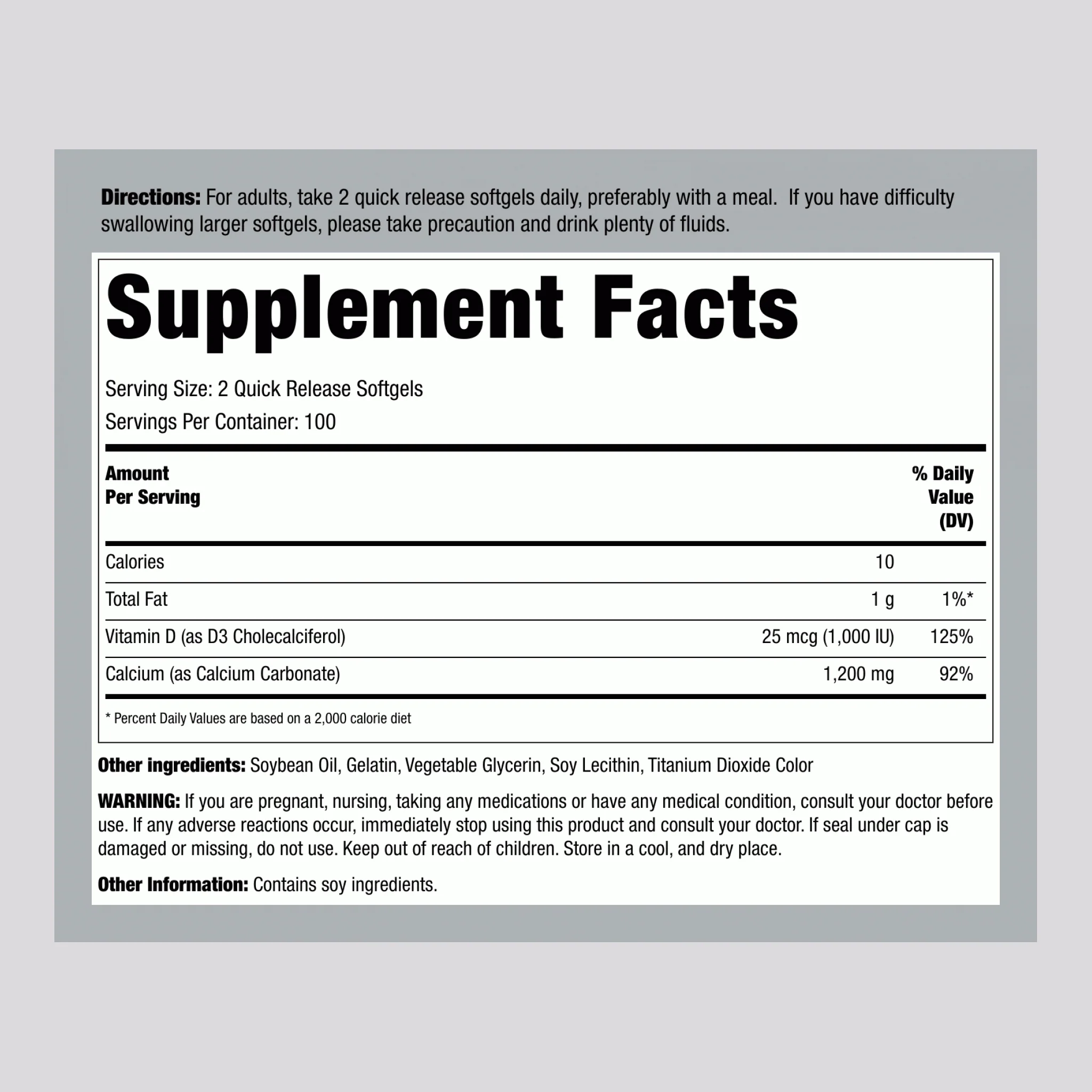 Absorbable Calcium 1200 mg Plus D3 5000 IU (per serving), 200 Quick Release Softgels - Image 2