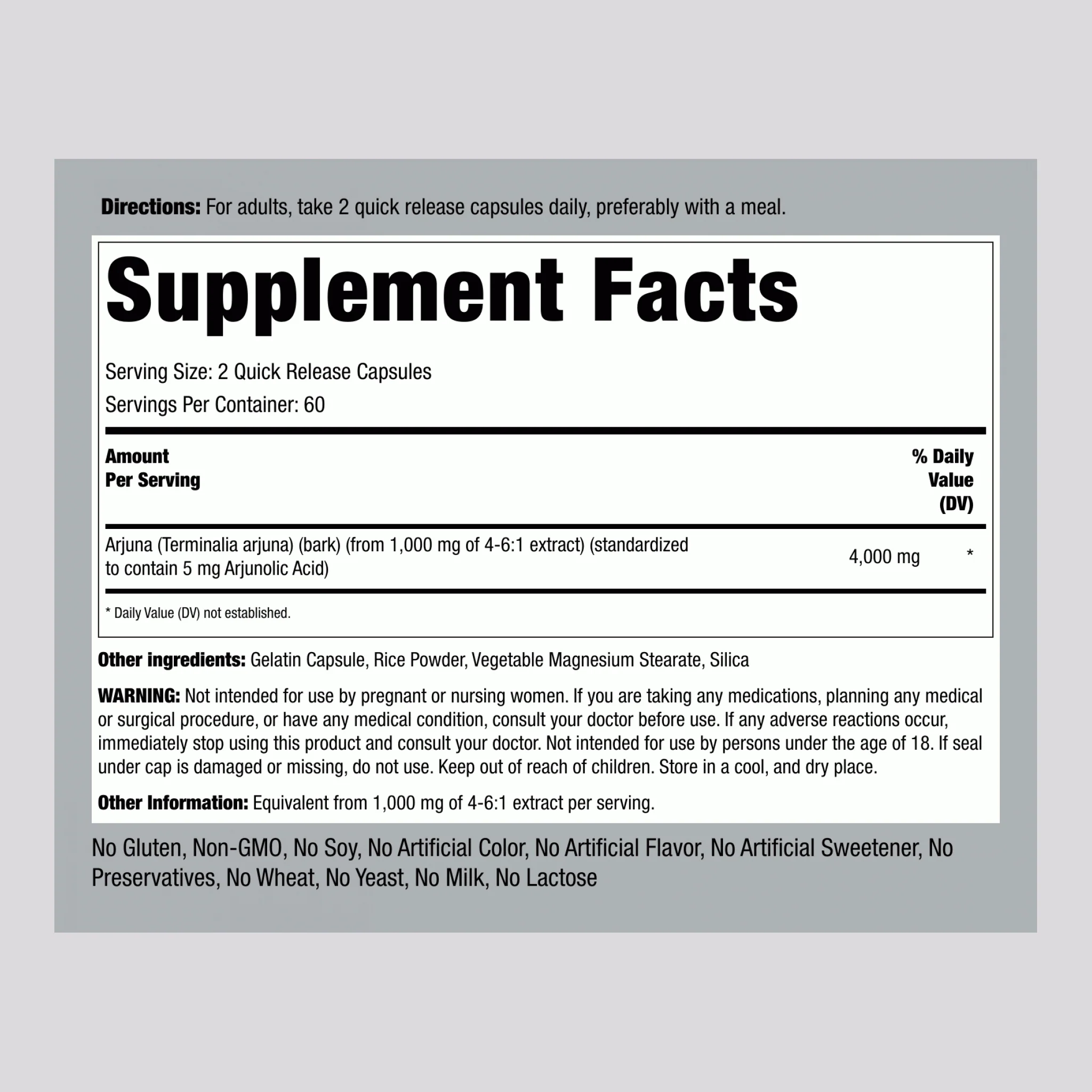 Arjuna Standardized Extract, 4000 mg (per serving), 120 Quick Release Capsules, 2 Bottles - Image 2