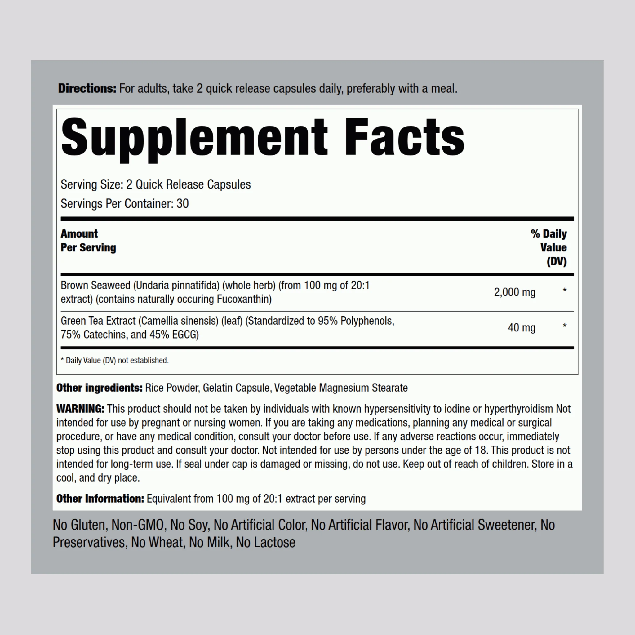 Brown Seaweed Plus (Wakame), 2000 mg (per serving), 60 Quick Release Capsules - Image 2