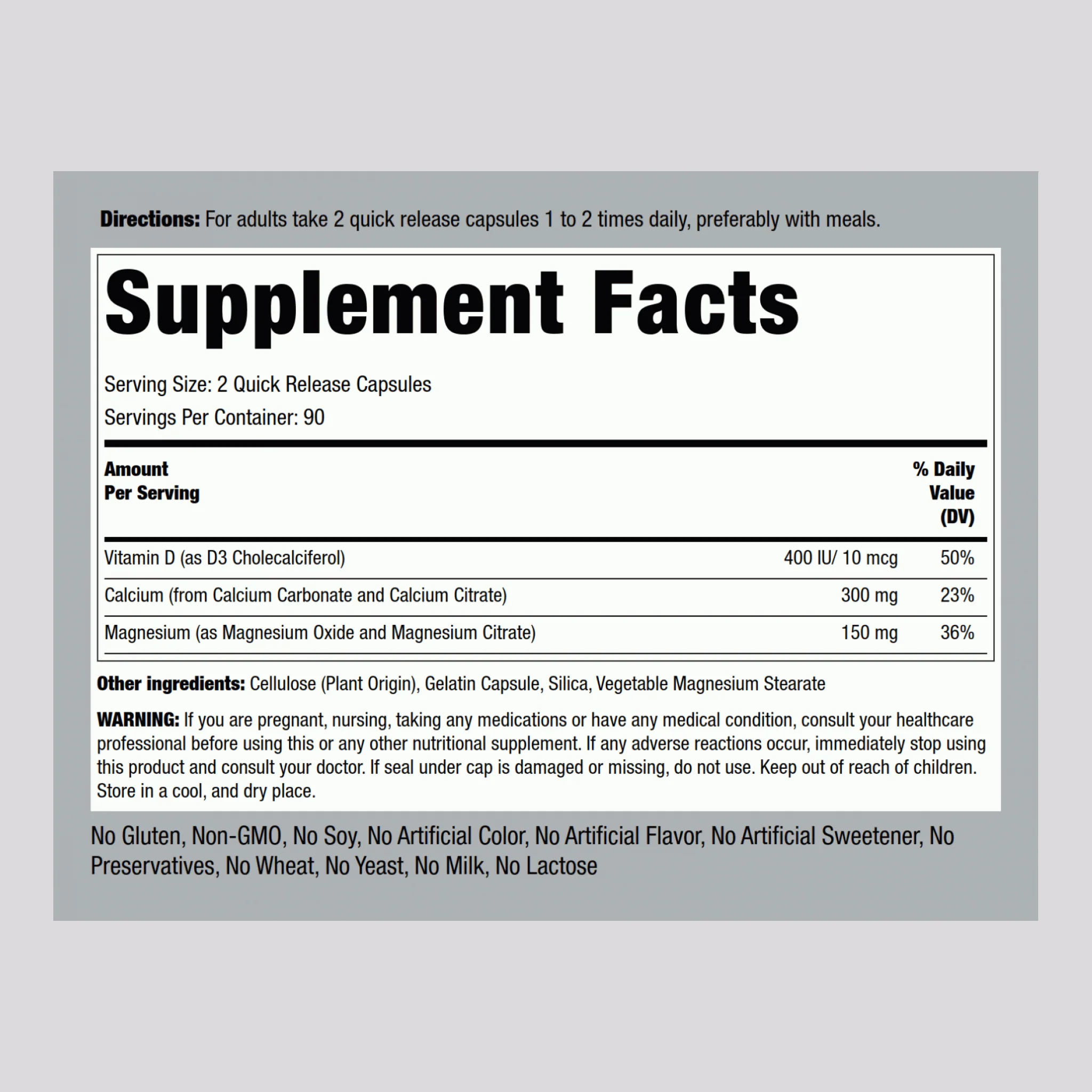 Calcium & Magnesium Citrate Plus D3 (Cal 300mg/Mag 150mg/D3 400IU) (per serving), 180 Quick Release Capsules, 2 Bottles - Image 2
