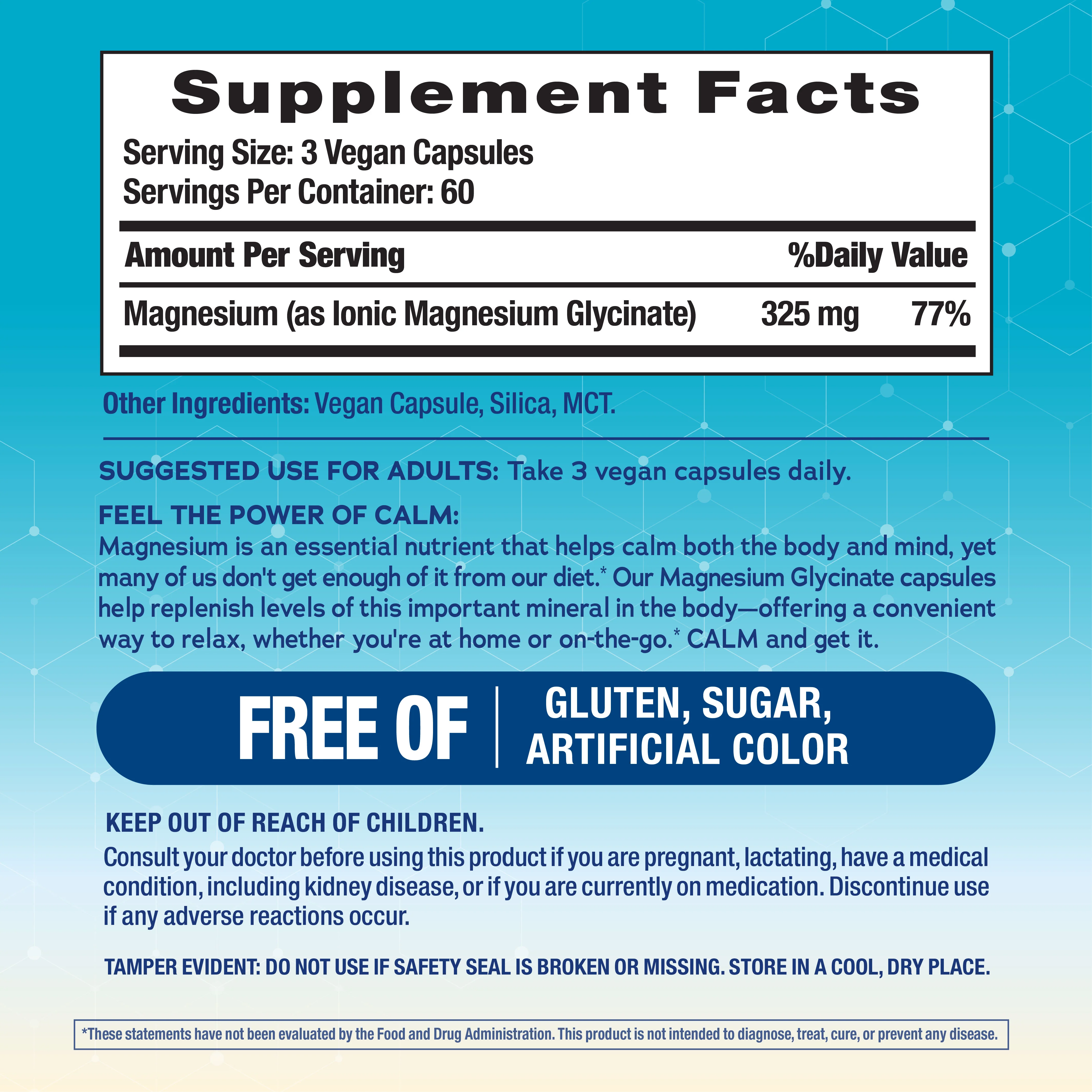 CALM Magnesium Glycinate, 325 mg (per serving), 180 Vegan Capsules - Image 3