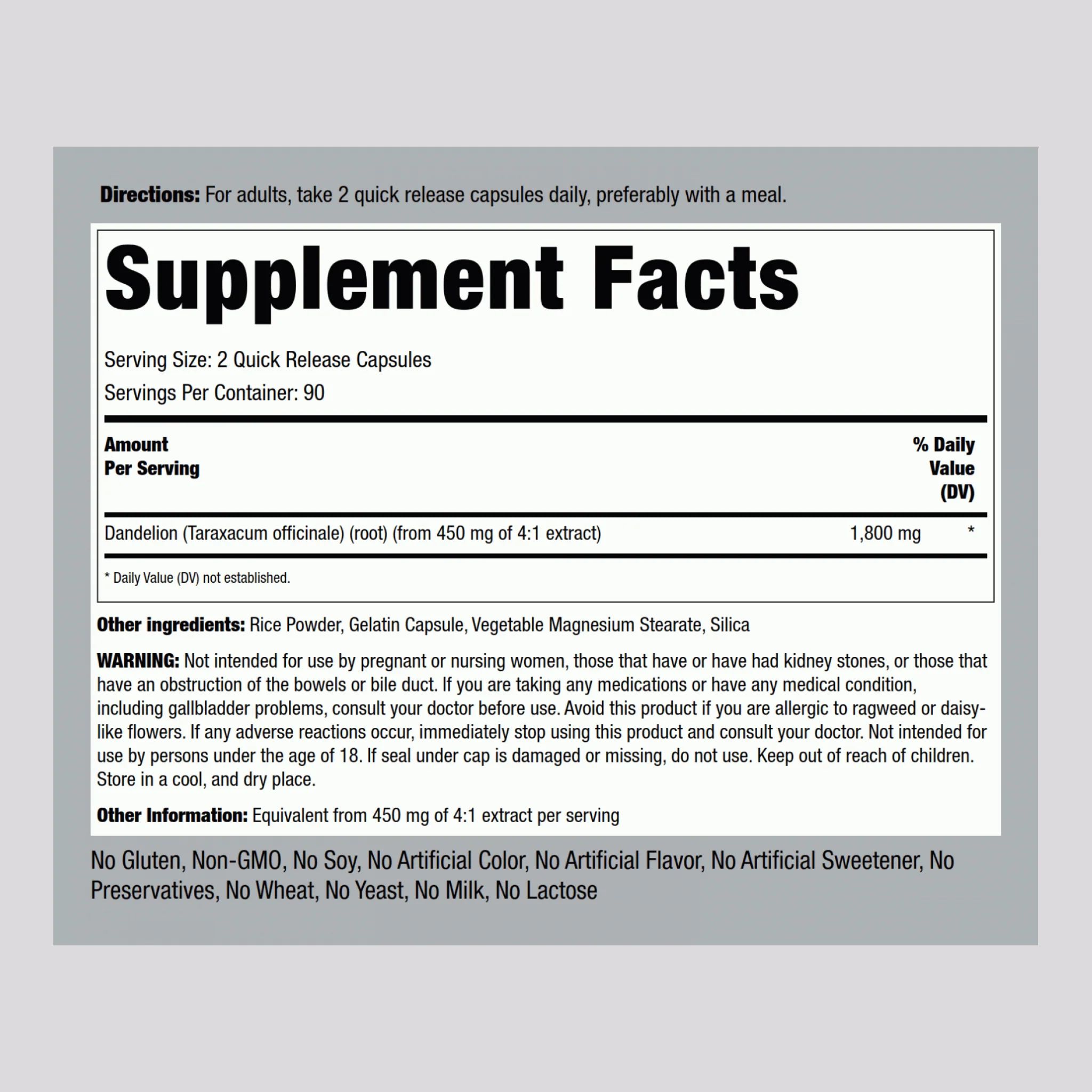 Dandelion Root, 1800 mg (per serving), 180 Quick Release Capsules, 2  Bottles - Image 2