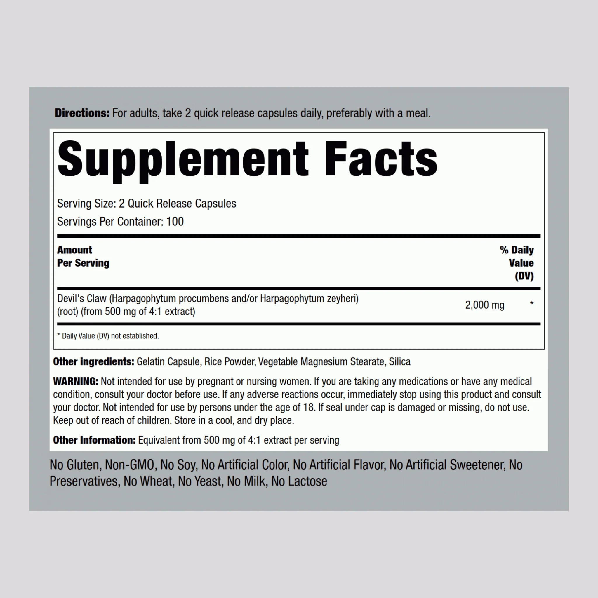 Devil's Claw, 2000 mg (per serving), 200 Quick Release Capsules, 2 Bottles - Image 2