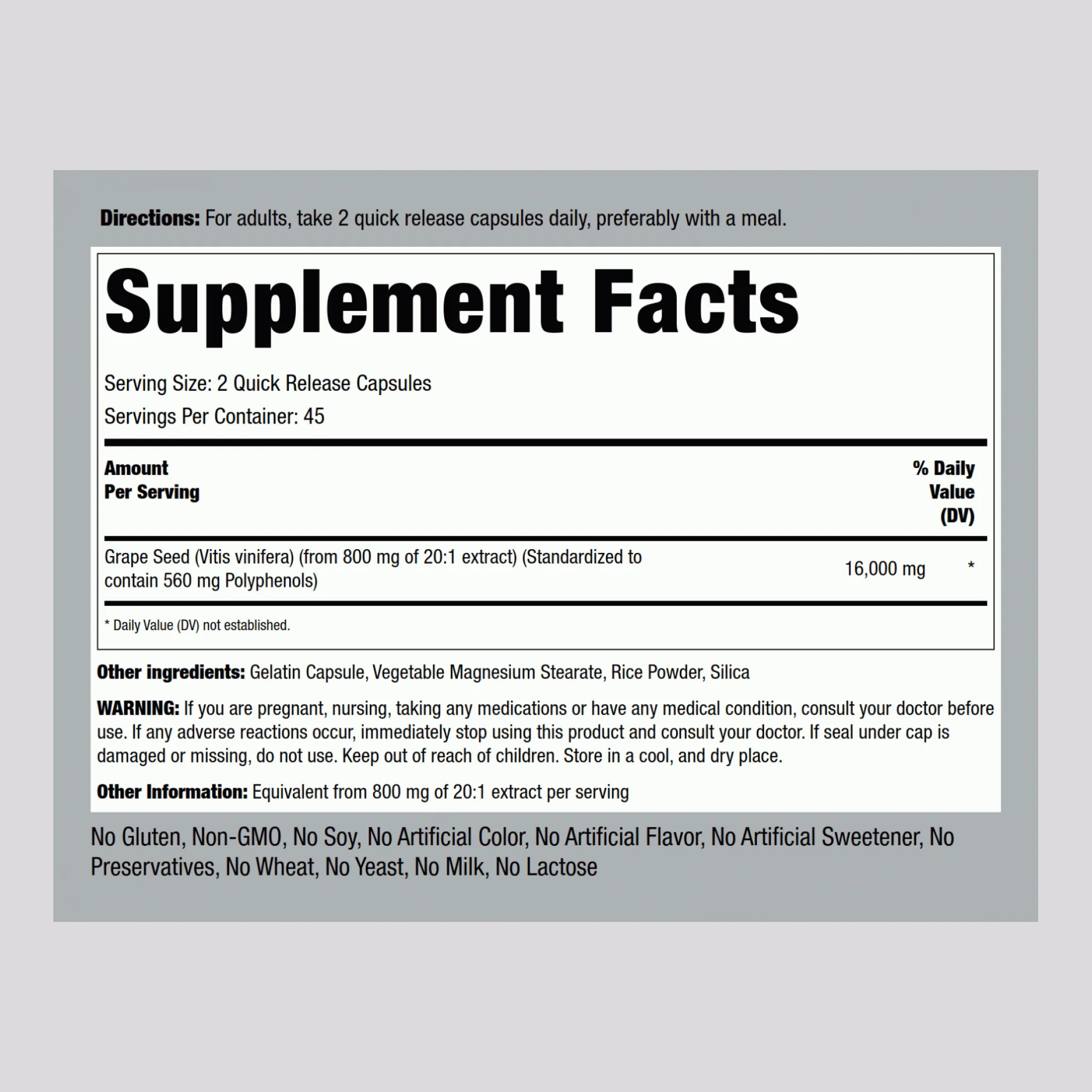 Grape Seed Extract, 16,000 mg (per serving), 90 Quick Release Capsules, 2 Bottles - Image 2