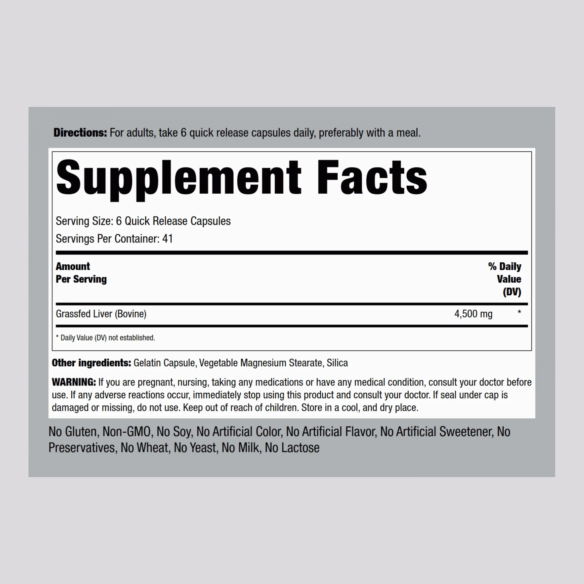 Grass Fed Beef Liver, 4500 mg (per serving), 250 Quick Release Capsules - Image 2
