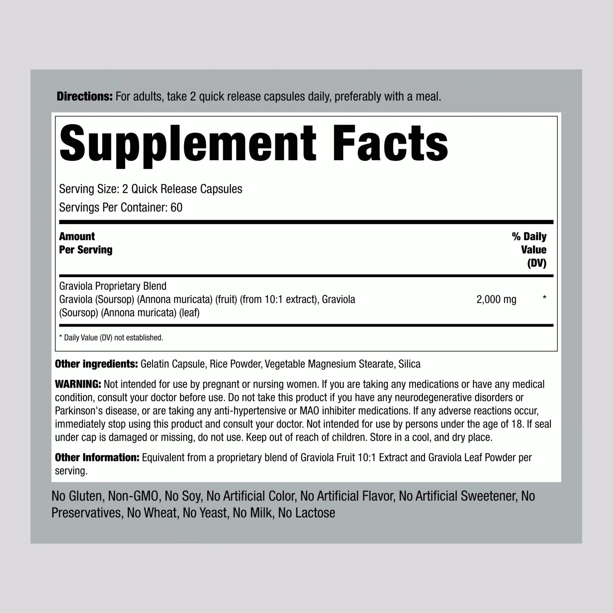 Graviola Soursop, 2000 mg (per serving), 120 Quick Release Capsules, 2 Bottles - Image 2