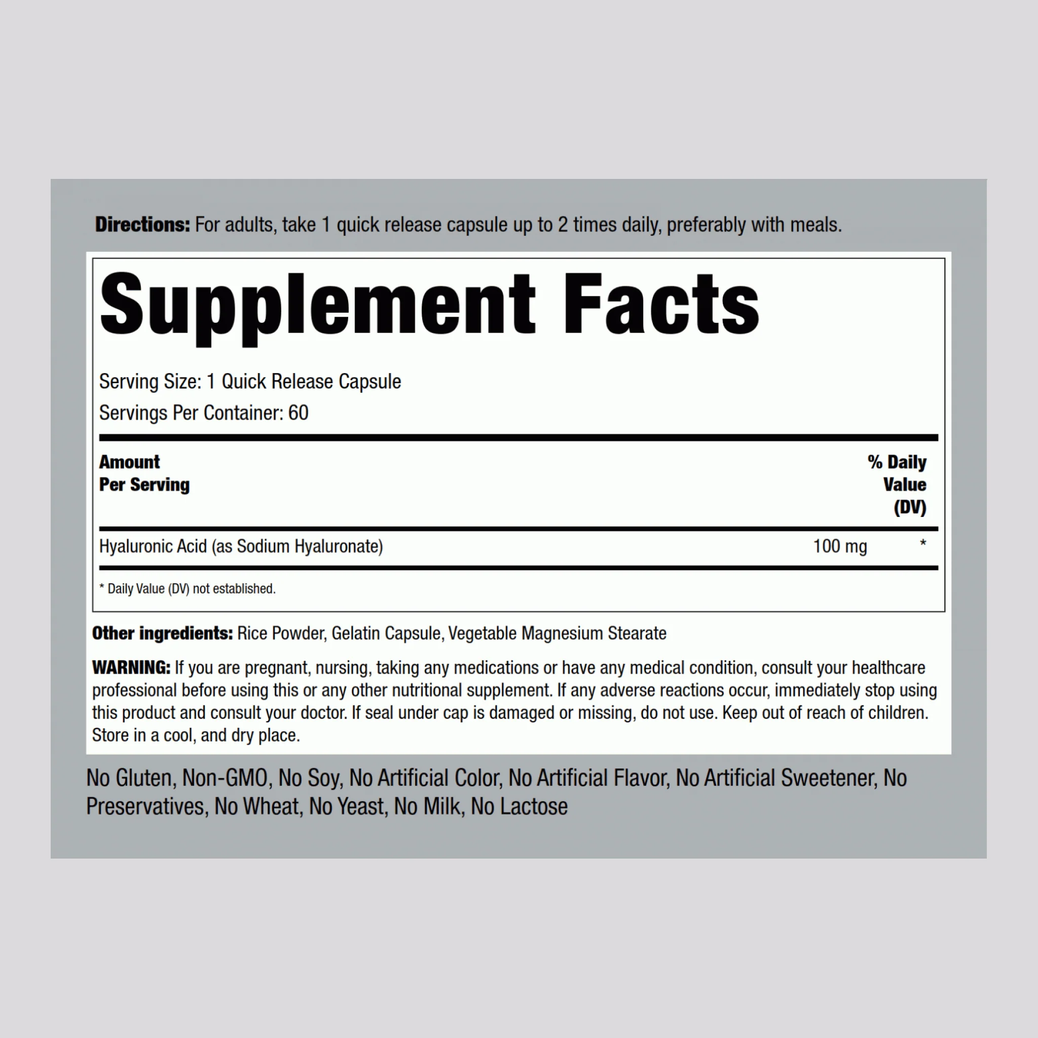 Hyaluronic Acid, 100 mg, 60 Quick Release Capsules - Image 2