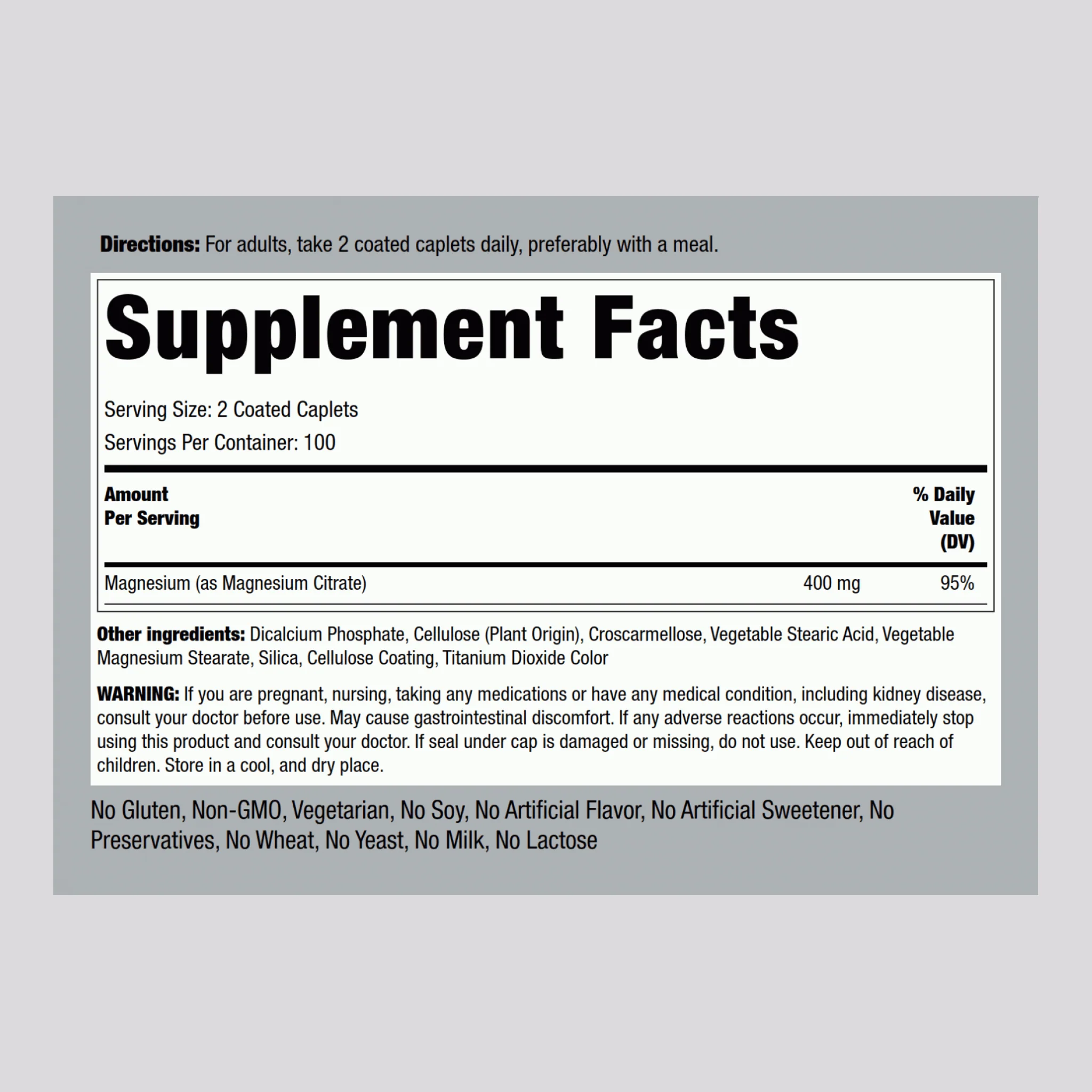 Magnesium Citrate, 400 mg (per serving), 200 Coated Caplets, 2 Bottles - Image 2