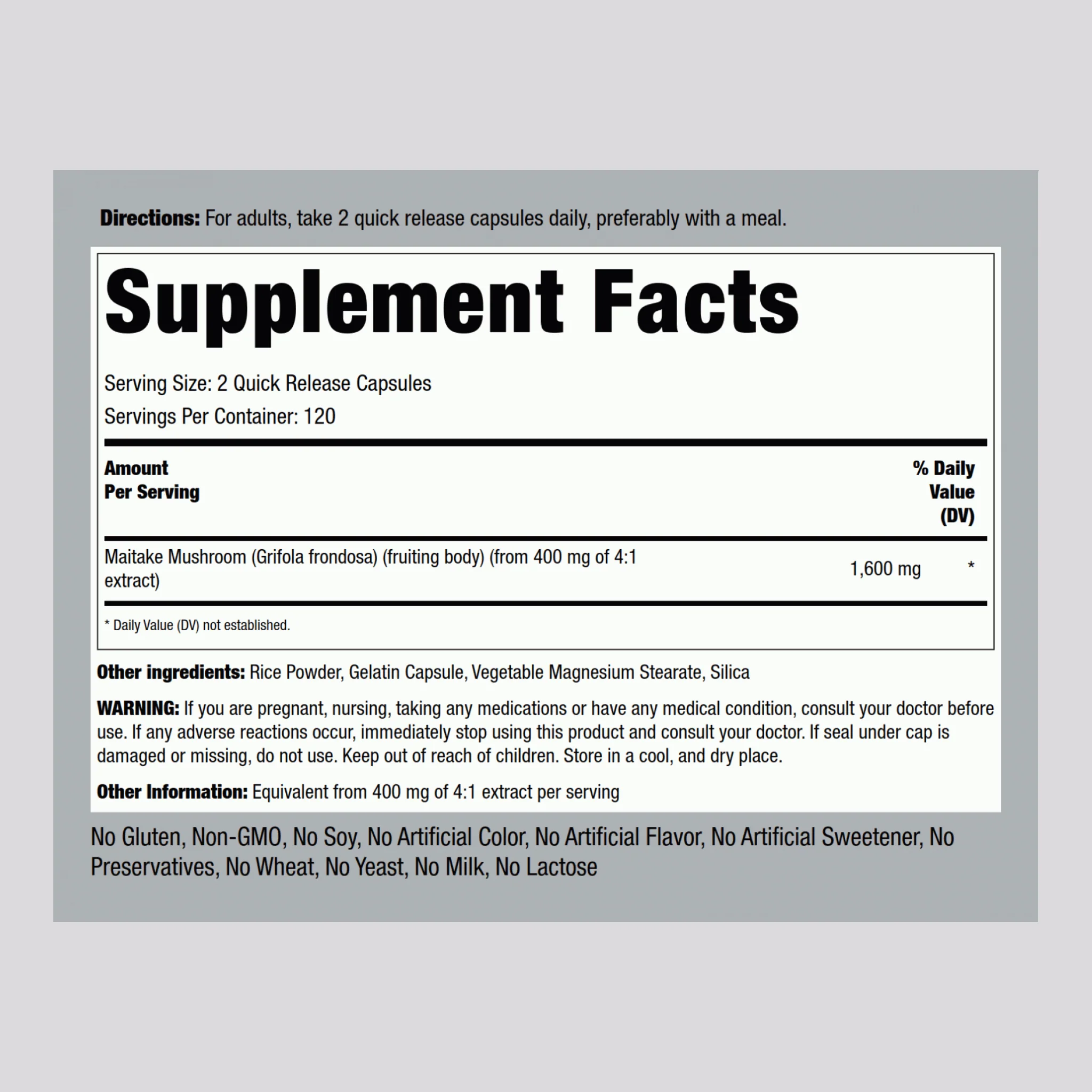 Maitake Mushroom Extract, 1,600 mg (per serving), 240 Quick Release Capsules - Image 2