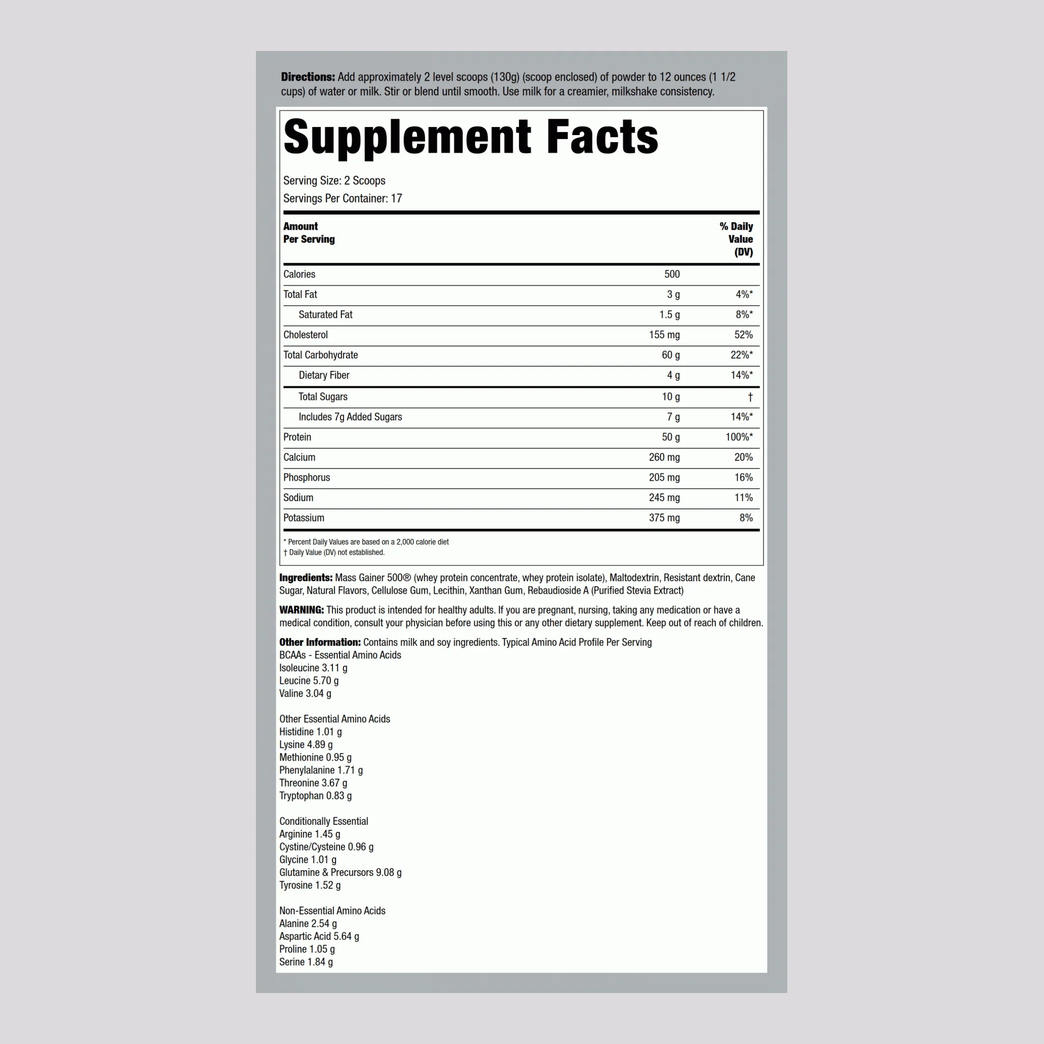 Mass Gainer 500 (Natural Vanilla), 5 lb (2.268 kg) Bottle - Image 2