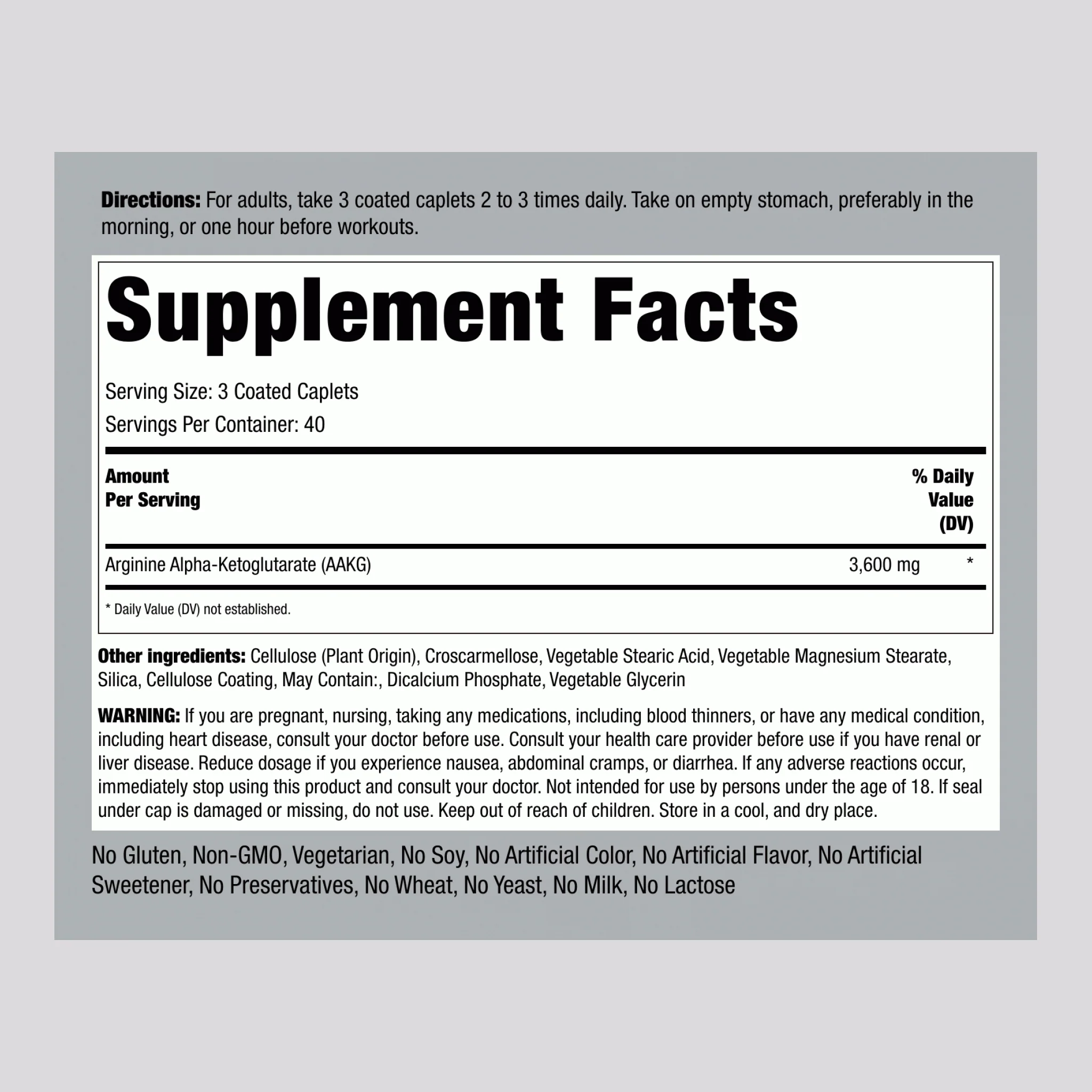 Max Strength AAKG Arginine Alpha-Ketoglutarate (Nitric Oxide Enhancer), 3600 mg (per serving), 120 Coated Caplets - Image 2