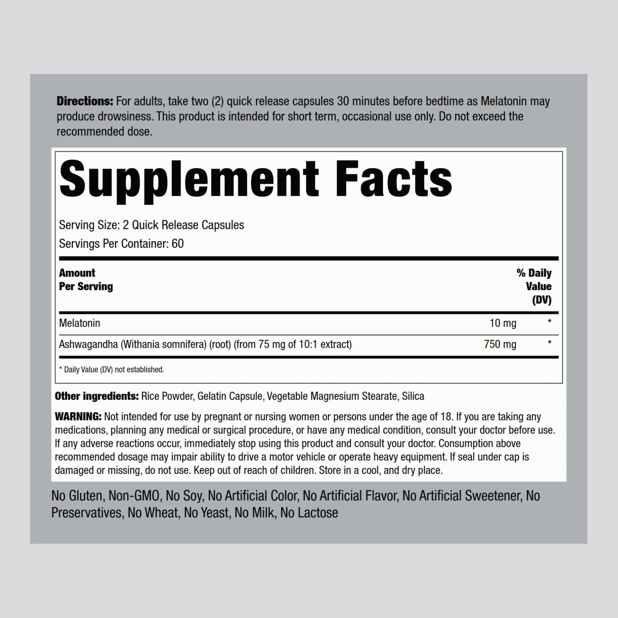 Melatonin Plus Ashwagandha, 10 mg (per serving), 120 Quick Release Capsules - Image 2