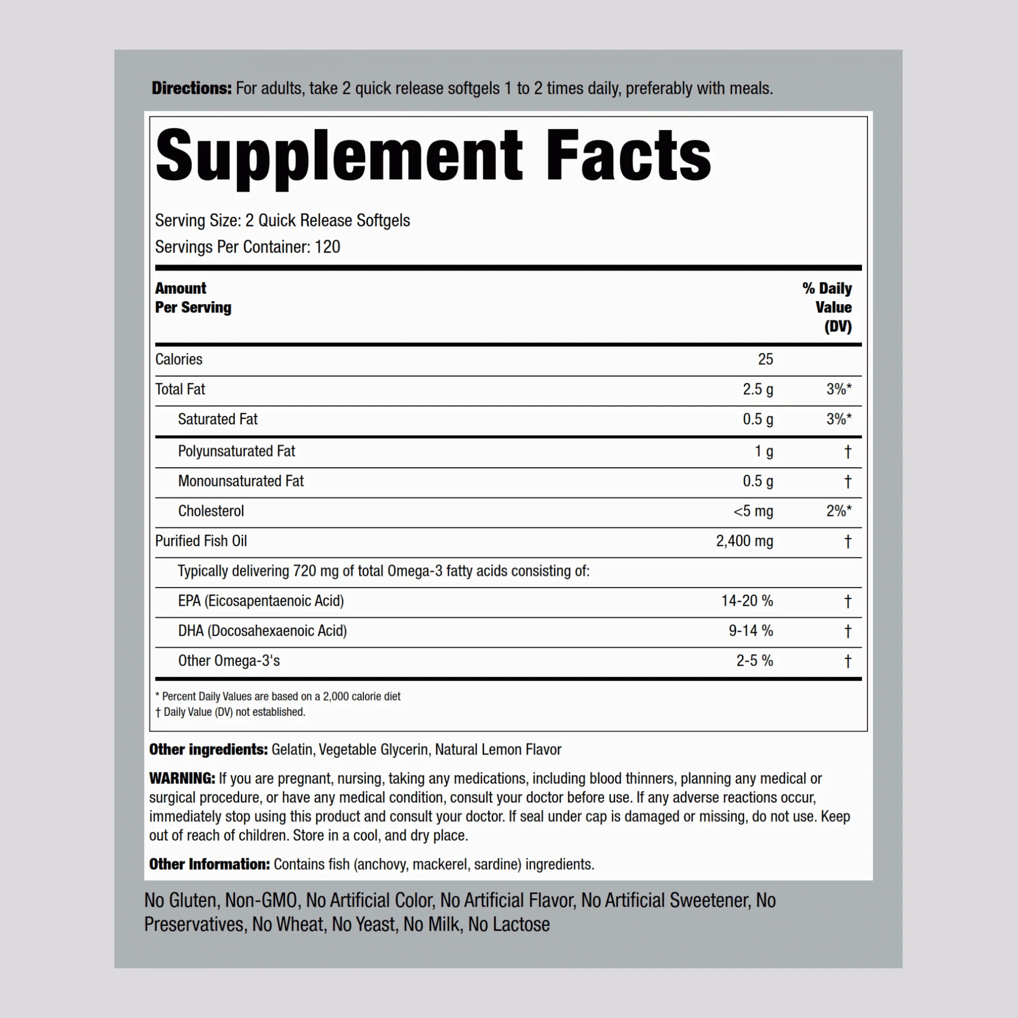 Omega-3 Fish Oil (Natural Lemon), 1200 mg, 240 Quick Release Softgels, 2 Bottles - Image 2
