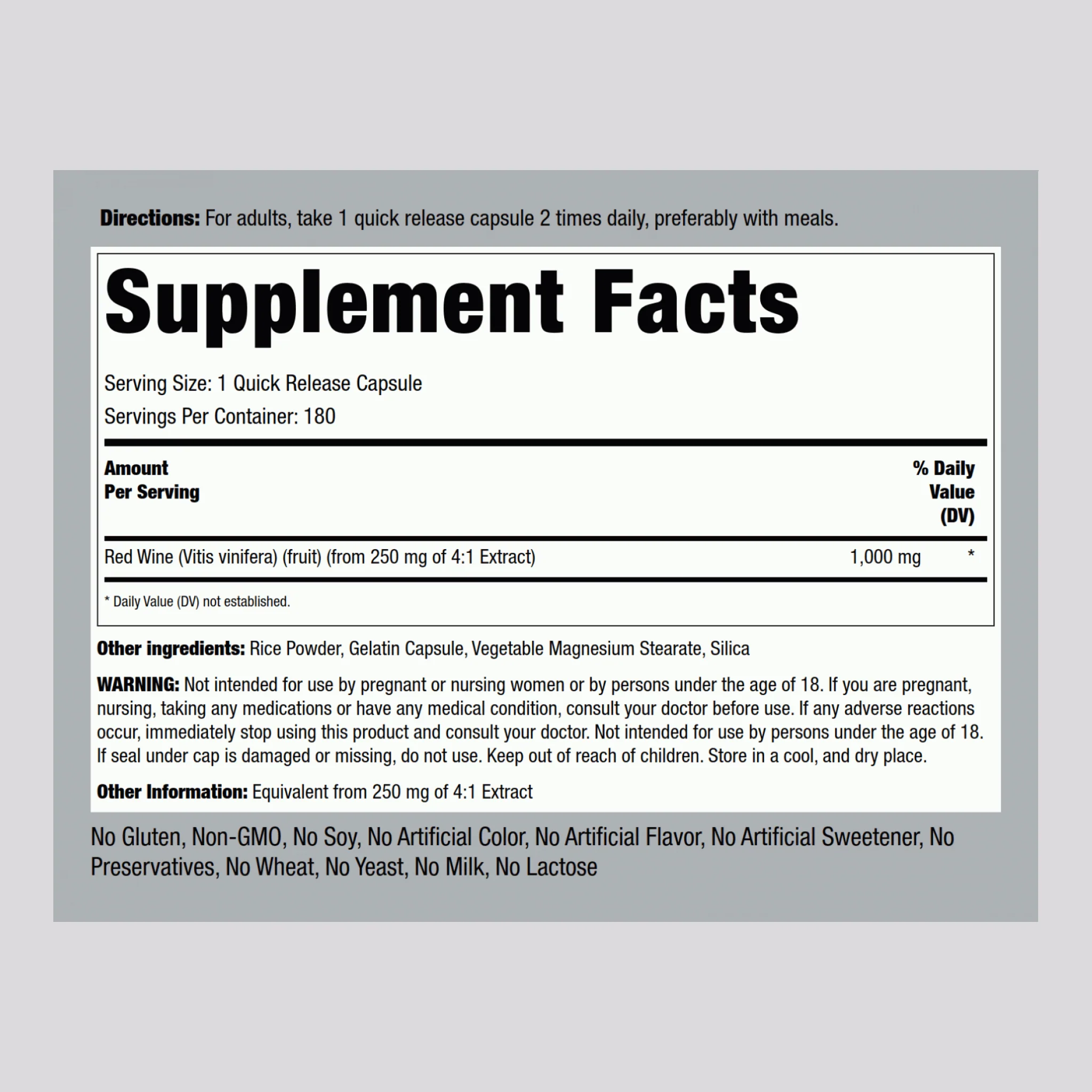 Red Wine Extract, 1000 mg, 180 Quick Release Capsules, 2 Bottles - Image 2