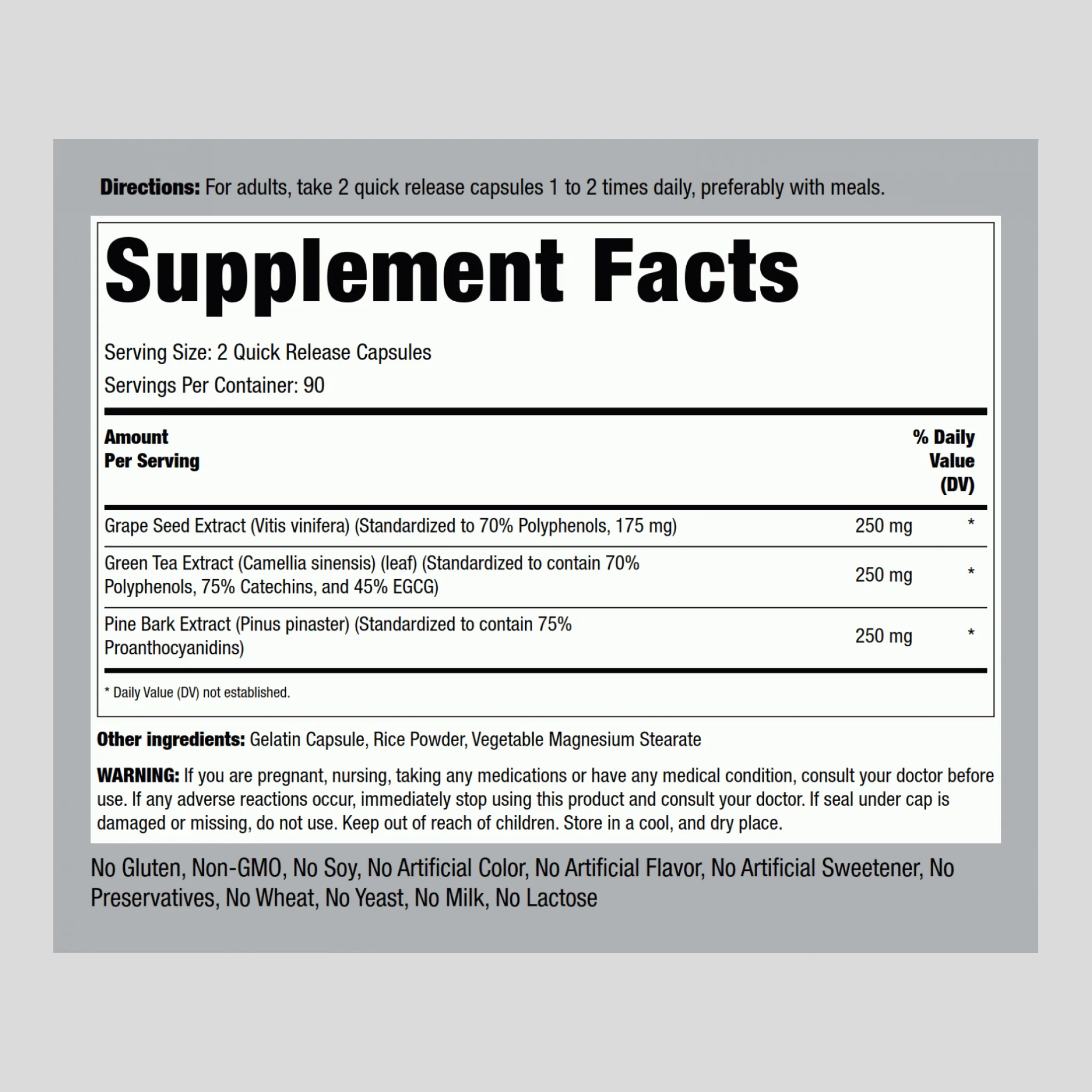 Standardized Grape seed, Green Tea & Pine Bark Complex, 180 Quick Release Capsules - Image 2
