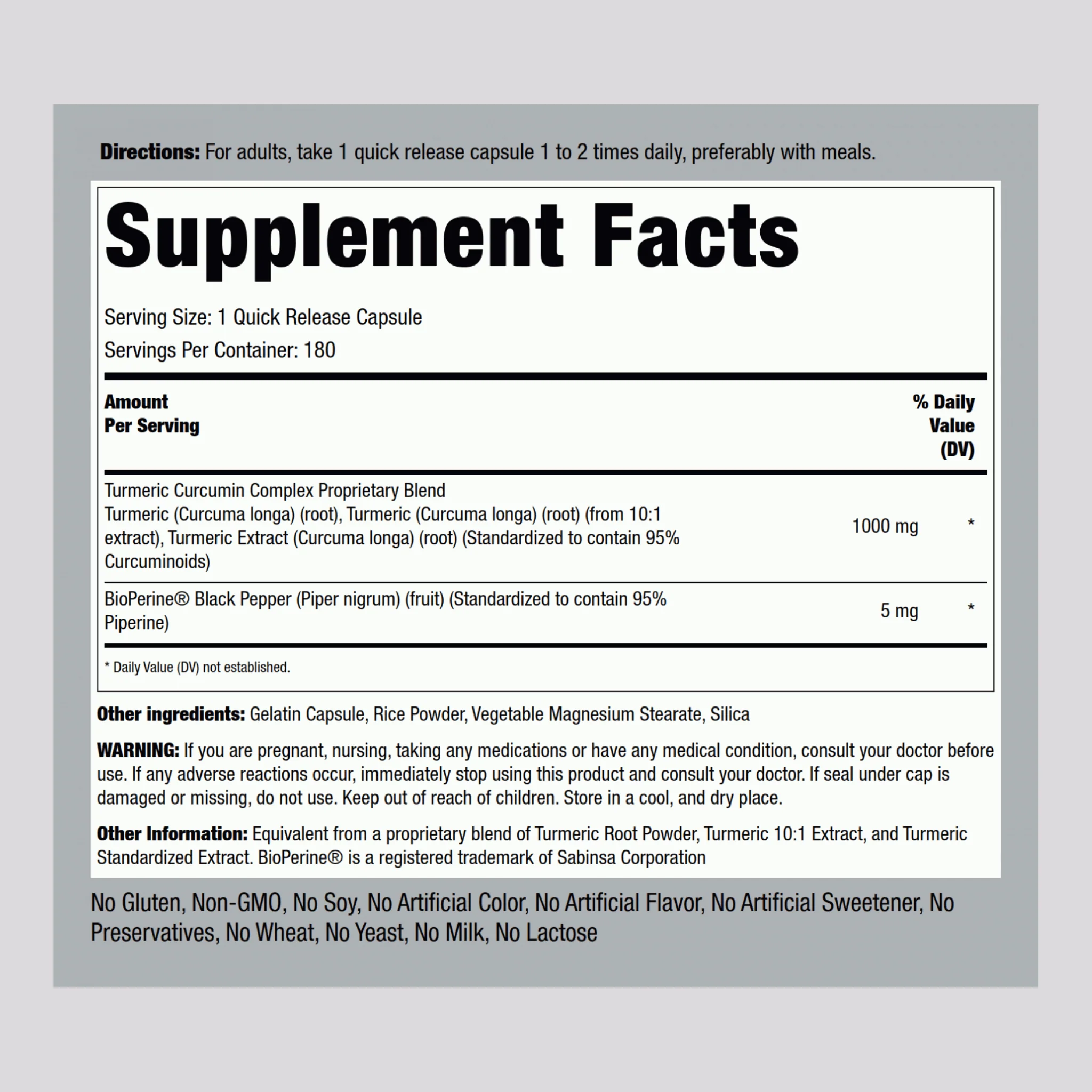 Standardized Turmeric Curcumin Complex w/ Black Pepper, 1000 mg, 180 Quick Release Capsules, 2  Bottles - Image 2