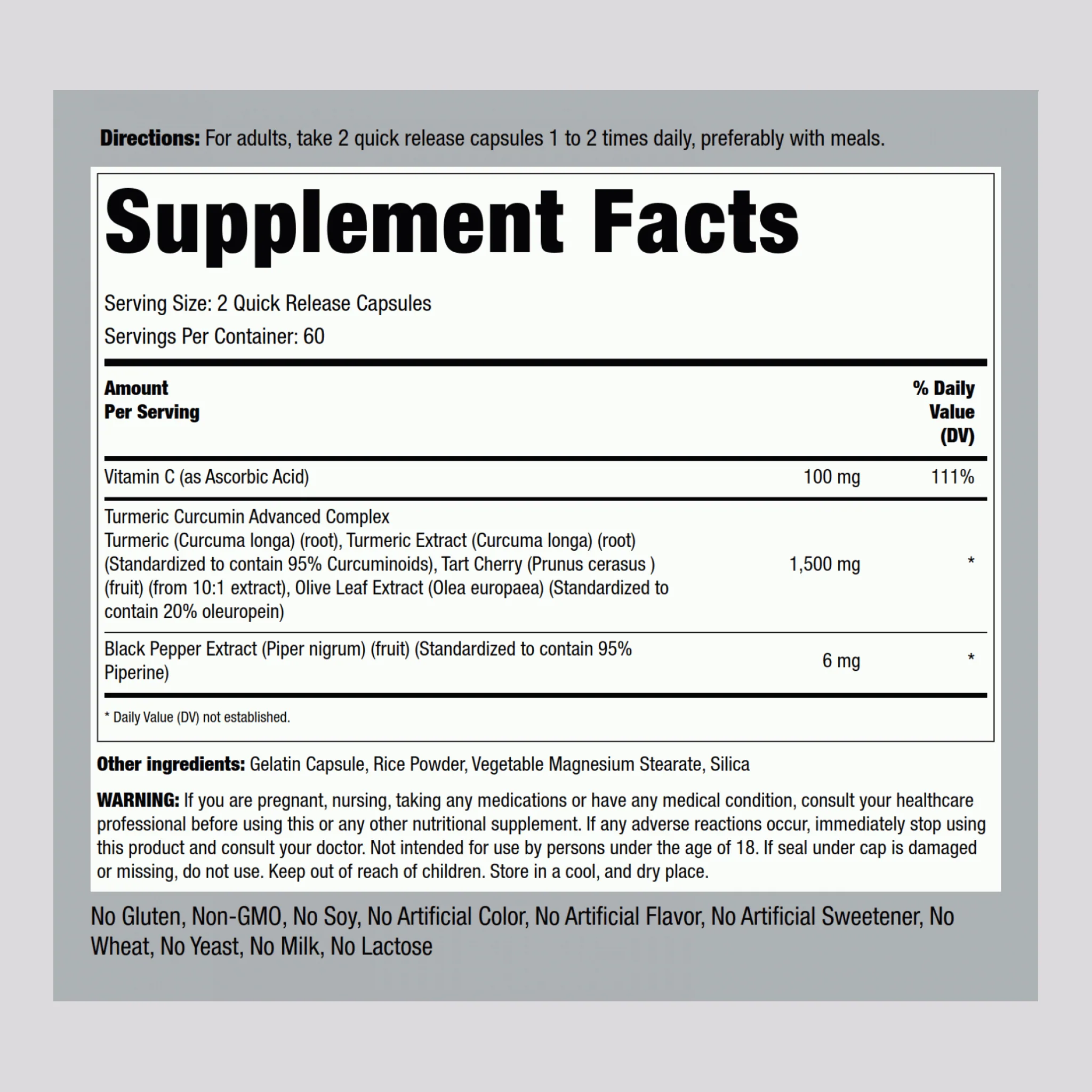 Turmeric Curcumin Standardized Advanced Complex, 1500 mg (per serving), 120 Quick Release Capsules - Image 2