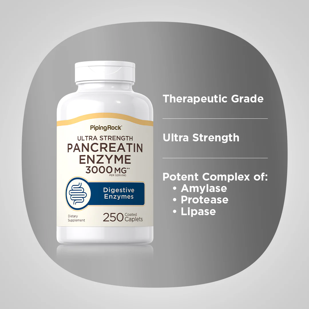 Ultra Strength Pancreatin Enzyme, 3000 mg (per serving), 250 Coated Caplets - Image 4