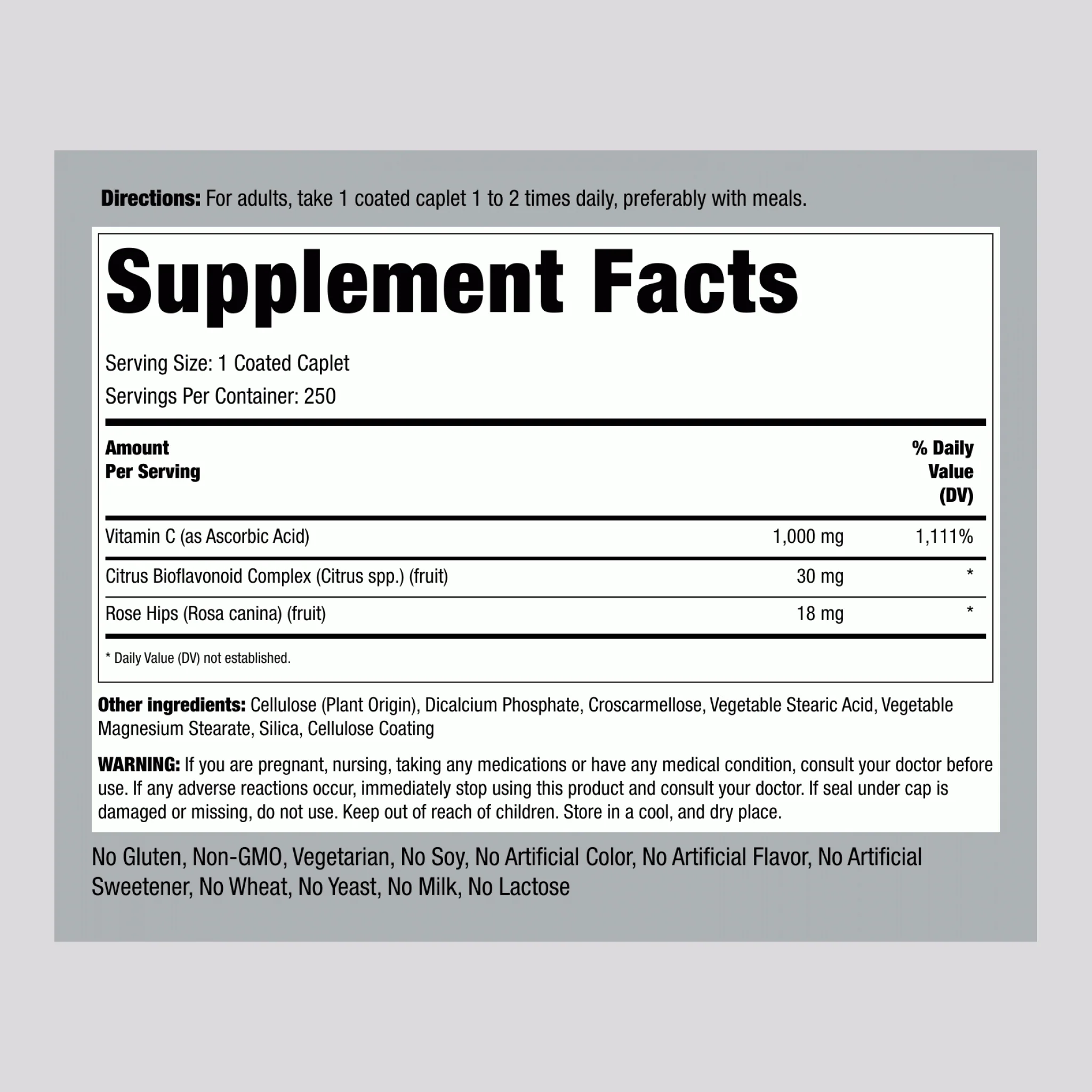 Vitamin C 1000 mg with Bioflavonoids & Rose Hips, 250 Coated Caplets, 2 Bottles - Image 2