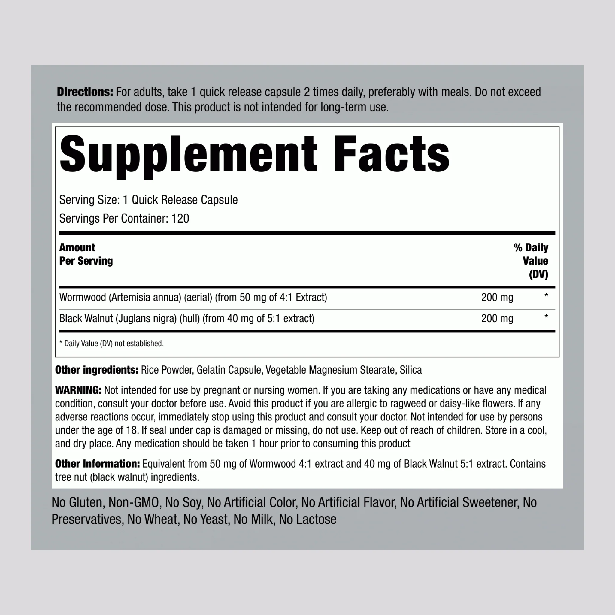 Wormwood Black Walnut Complex, 400 mg, 120 Quick Release Capsules - Image 2