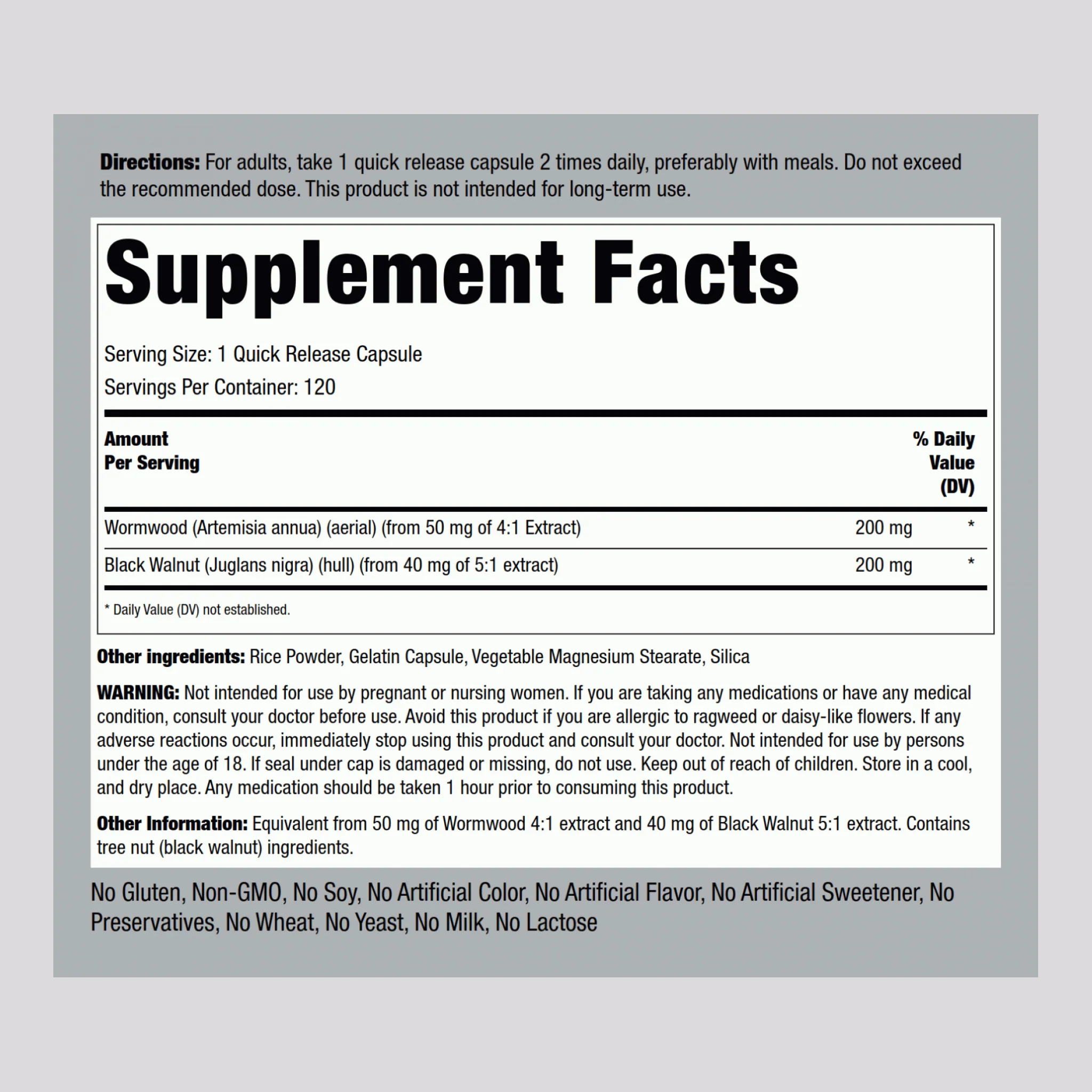 Wormwood Black Walnut Complex, 400 mg, 120 Quick Release Capsules, 2  Bottles - Image 2